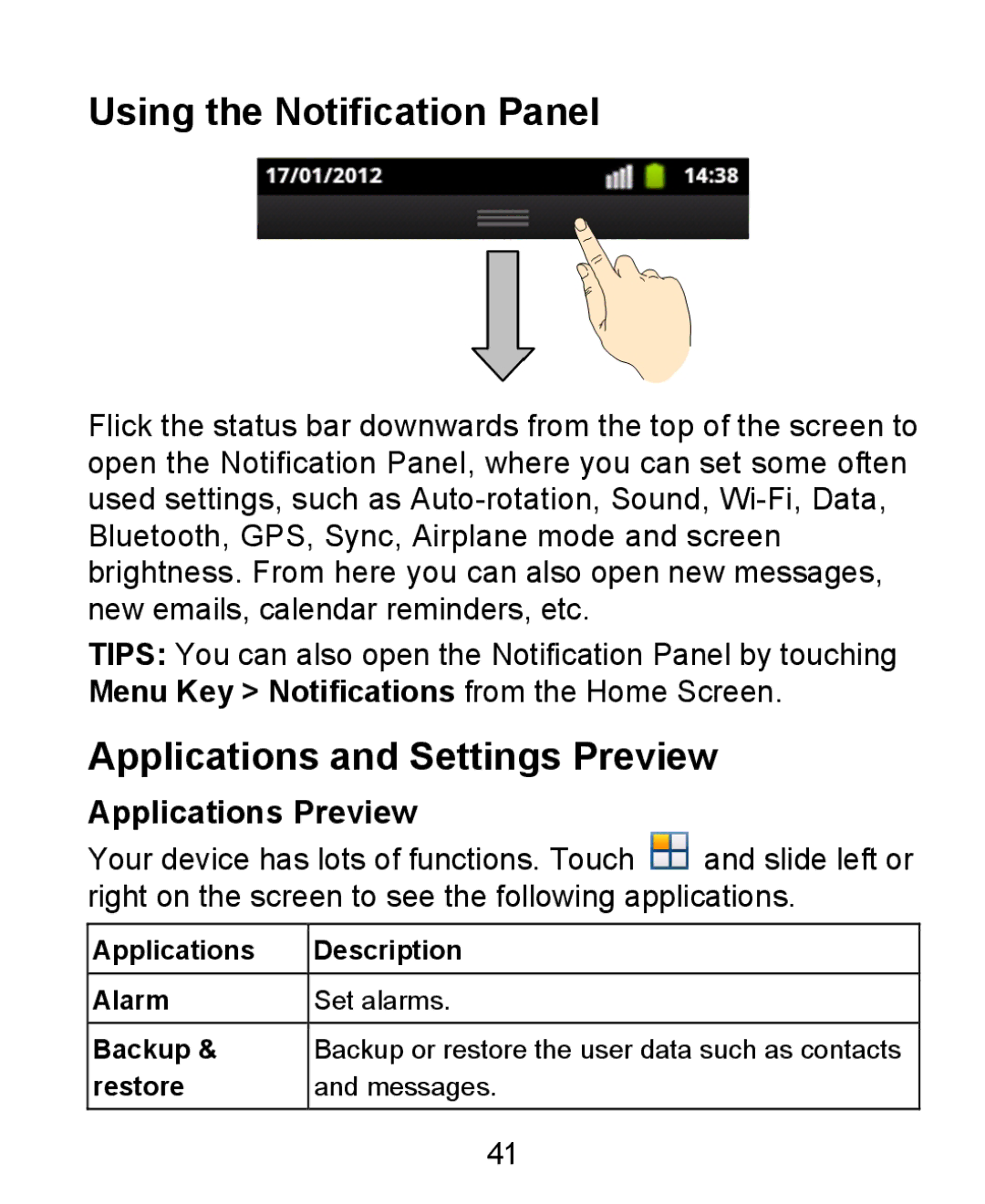 ZTE KIS user manual Using the Notification Panel, Applications and Settings Preview, Applications Preview 