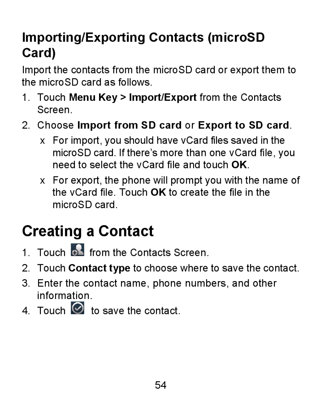 ZTE KIS user manual Creating a Contact, Importing/Exporting Contacts microSD Card 
