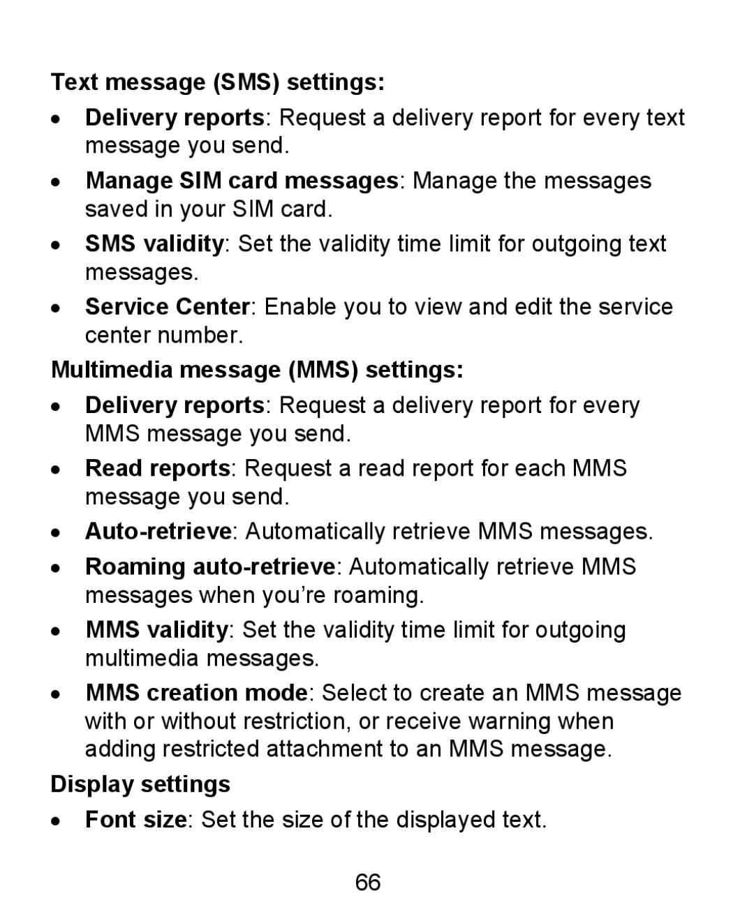 ZTE KIS user manual Text message SMS settings, Multimedia message MMS settings, Display settings 
