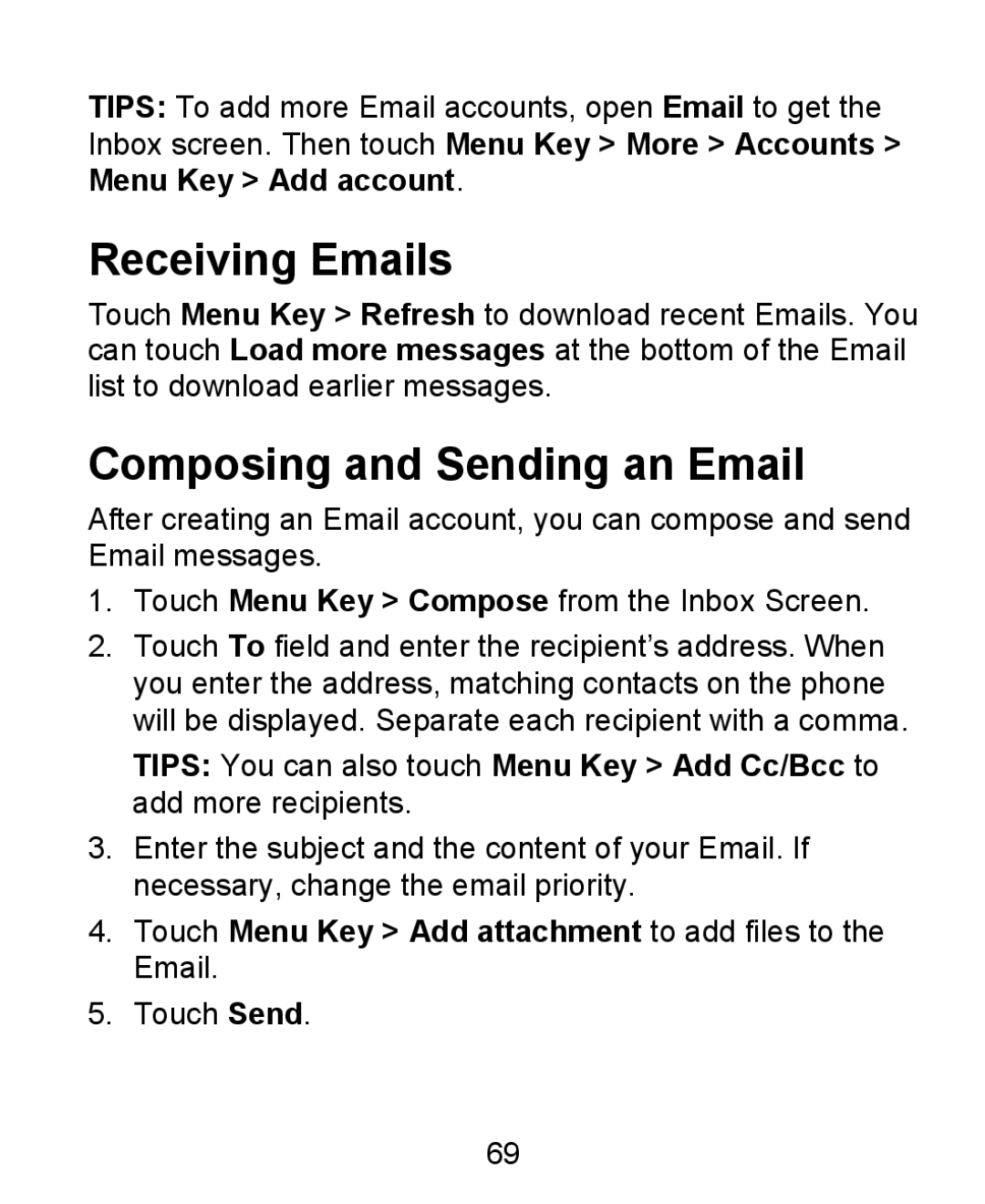 ZTE KIS Receiving Emails, Composing and Sending an Email, Touch Menu Key Add attachment to add files to the Email 