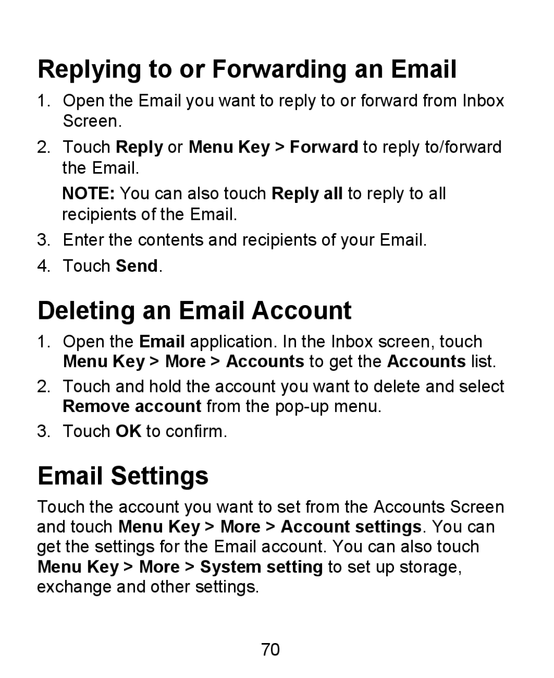 ZTE KIS user manual Replying to or Forwarding an Email, Deleting an Email Account, Email Settings 