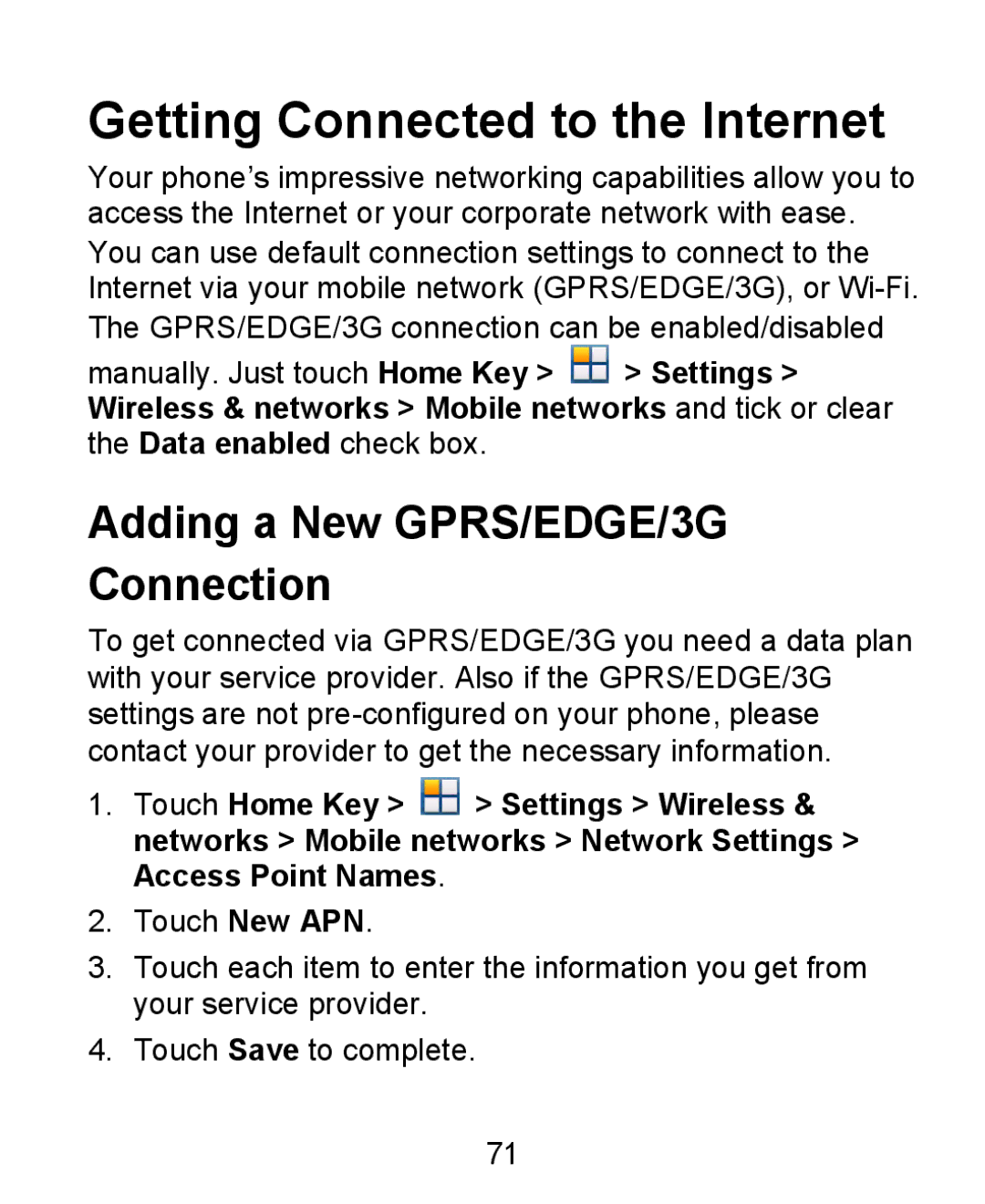 ZTE KIS user manual Getting Connected to the Internet, Adding a New GPRS/EDGE/3G Connection 