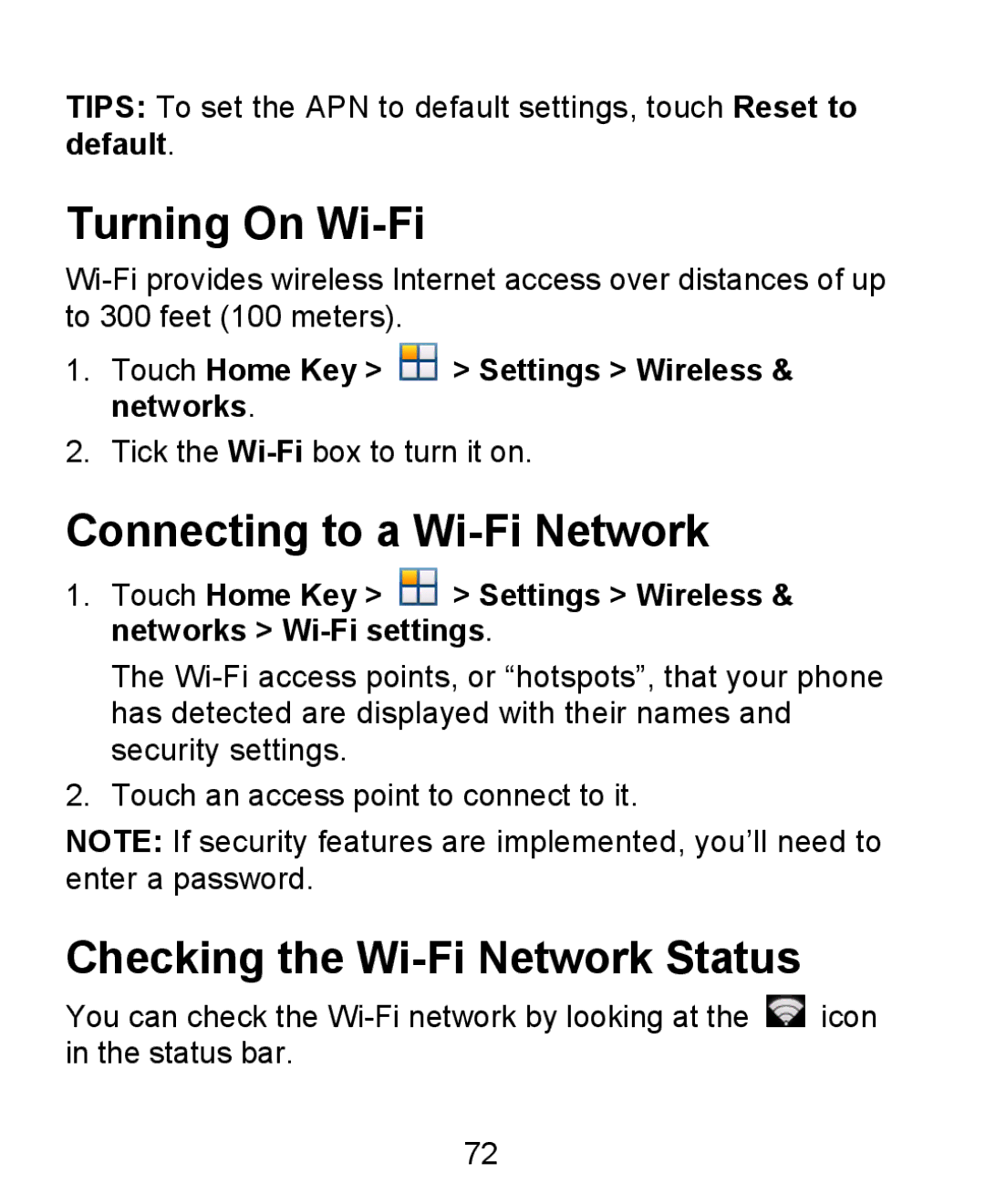 ZTE KIS user manual Turning On Wi-Fi, Connecting to a Wi-Fi Network, Checking the Wi-Fi Network Status 