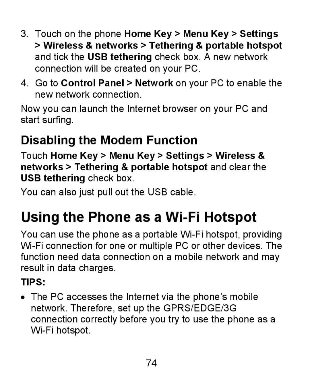 ZTE KIS user manual Using the Phone as a Wi-Fi Hotspot, Disabling the Modem Function 