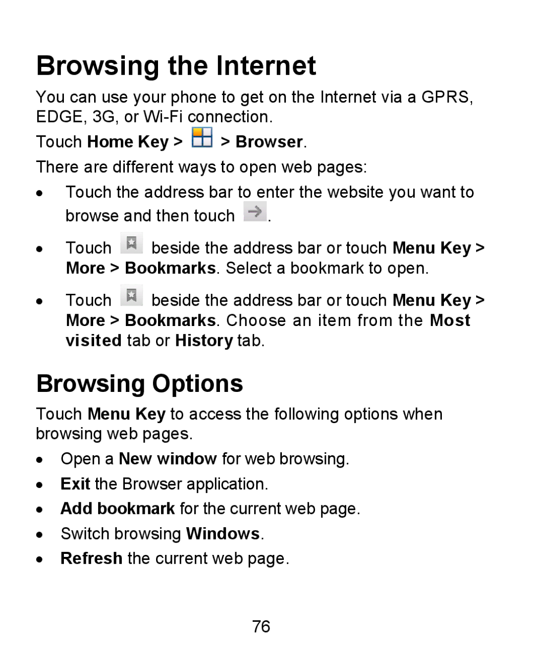 ZTE KIS user manual Browsing the Internet, Browsing Options, Touch Home Key Browser 