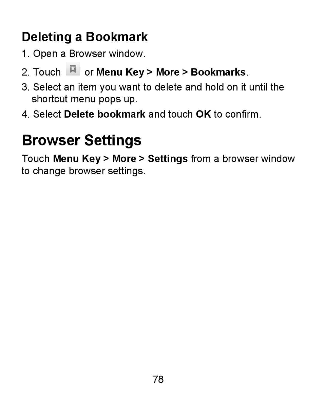 ZTE KIS user manual Browser Settings, Deleting a Bookmark 