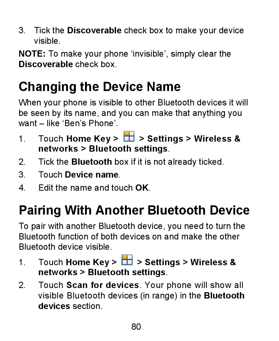 ZTE KIS user manual Changing the Device Name, Pairing With Another Bluetooth Device, Touch Device name 