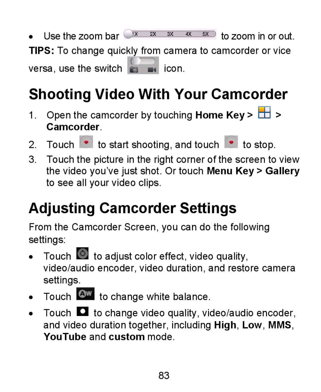 ZTE KIS user manual Shooting Video With Your Camcorder, Adjusting Camcorder Settings 