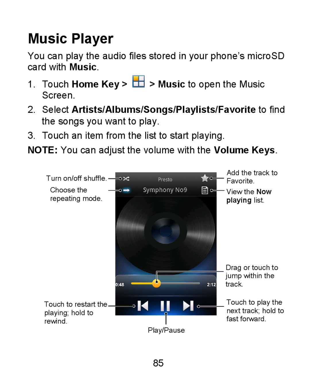 ZTE KIS user manual Music Player, Touch an item from the list to start playing 