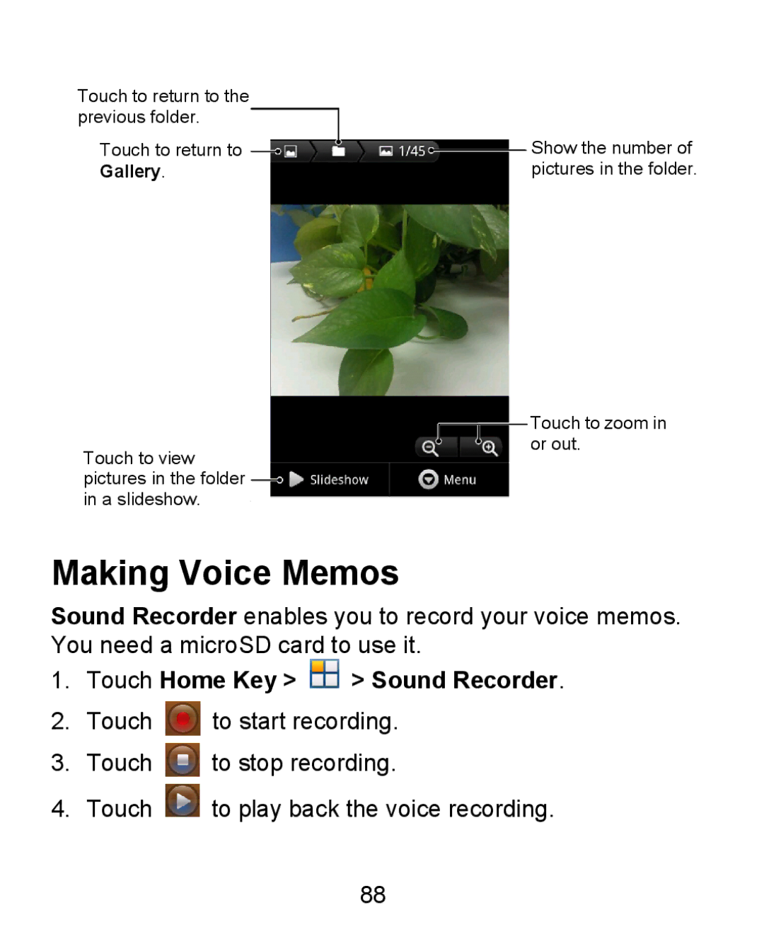 ZTE KIS user manual Making Voice Memos, Touch Home Key Sound Recorder 