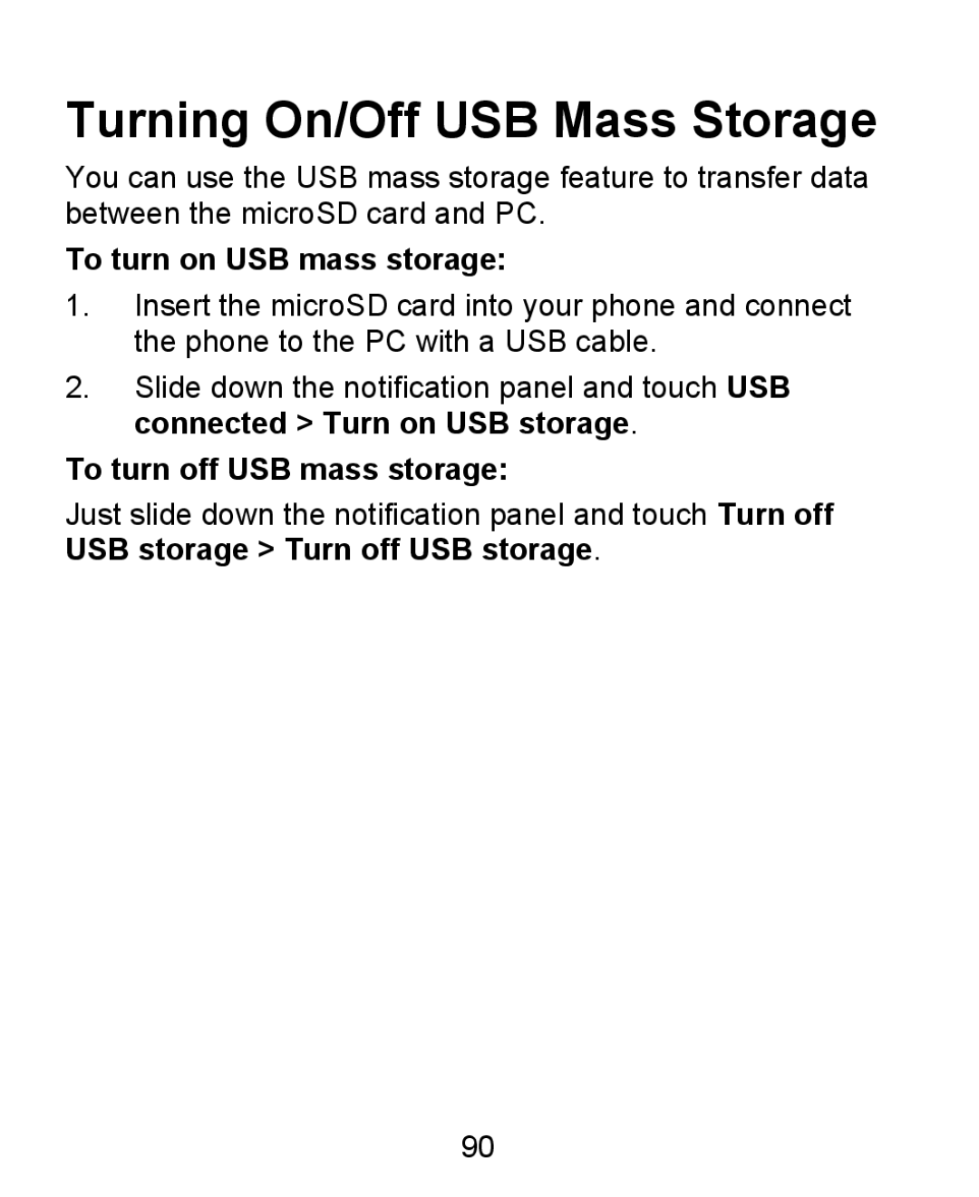 ZTE KIS user manual Turning On/Off USB Mass Storage, To turn on USB mass storage, To turn off USB mass storage 