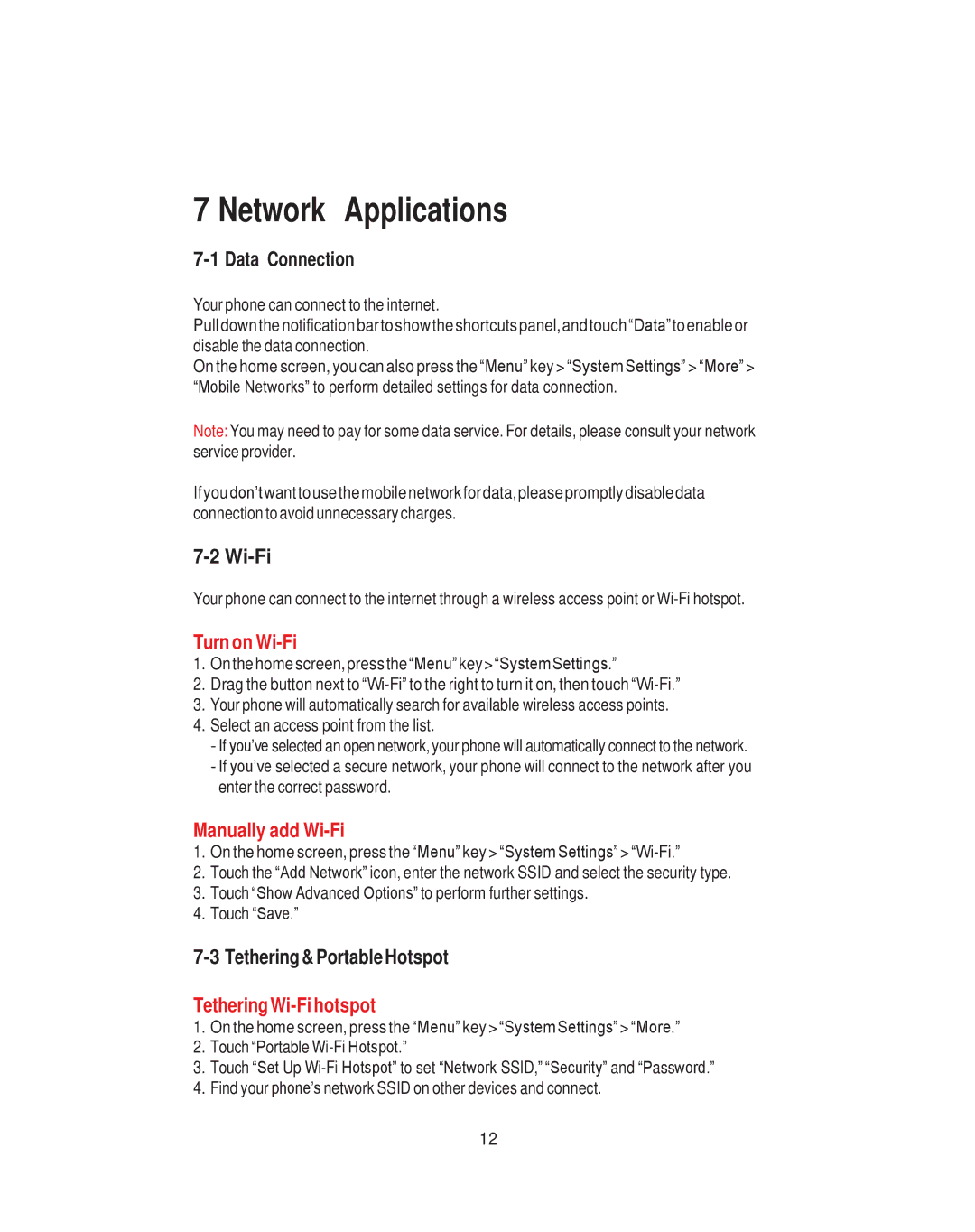 ZTE NX405H user manual Network Applications, Turn on Wi-Fi, Manually add Wi-Fi, TetheringWi-Fi hotspot 