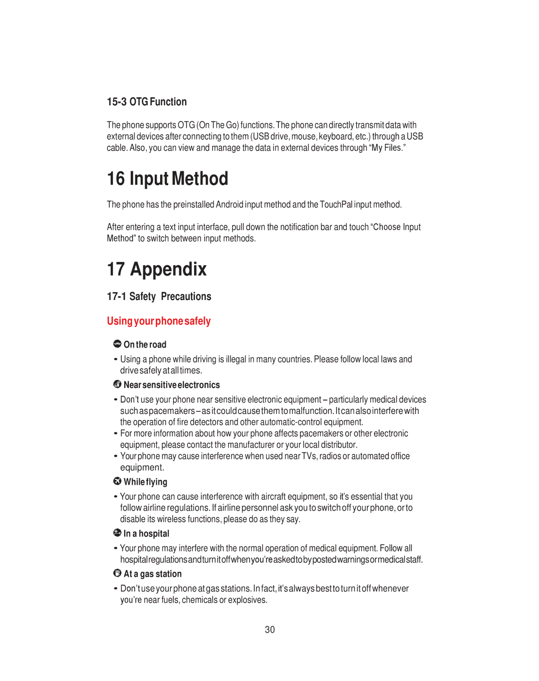 ZTE NX405H user manual Input Method, Appendix, OTG Function, Safety Precautions, Using your phone safely 