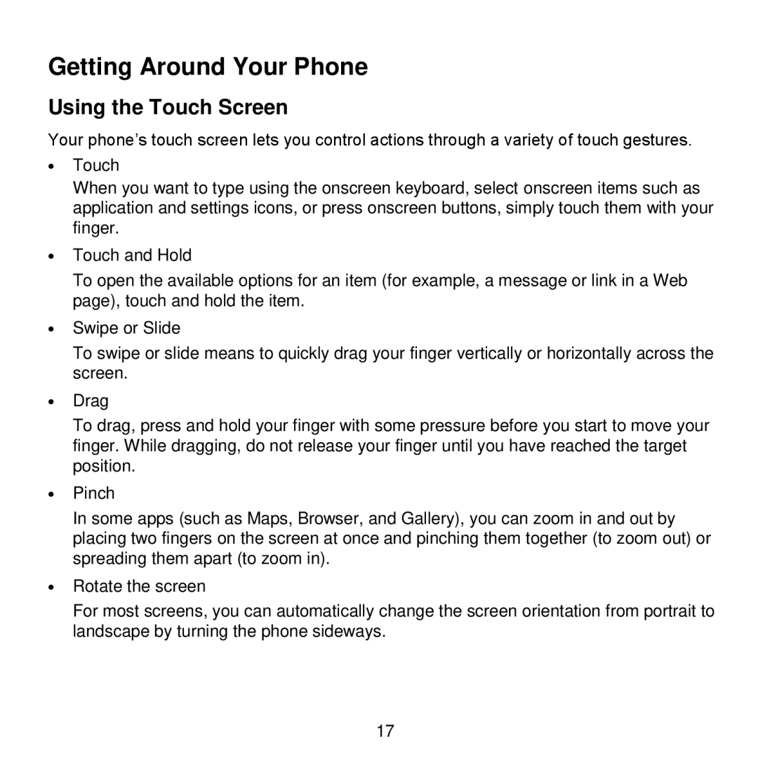 ZTE V768 user manual Getting Around Your Phone, Using the Touch Screen 