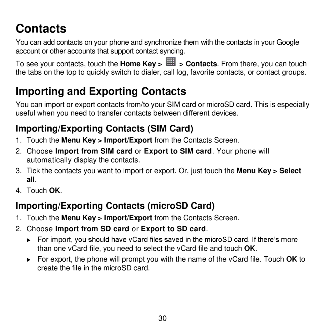 ZTE V768 user manual Importing and Exporting Contacts, Importing/Exporting Contacts SIM Card 