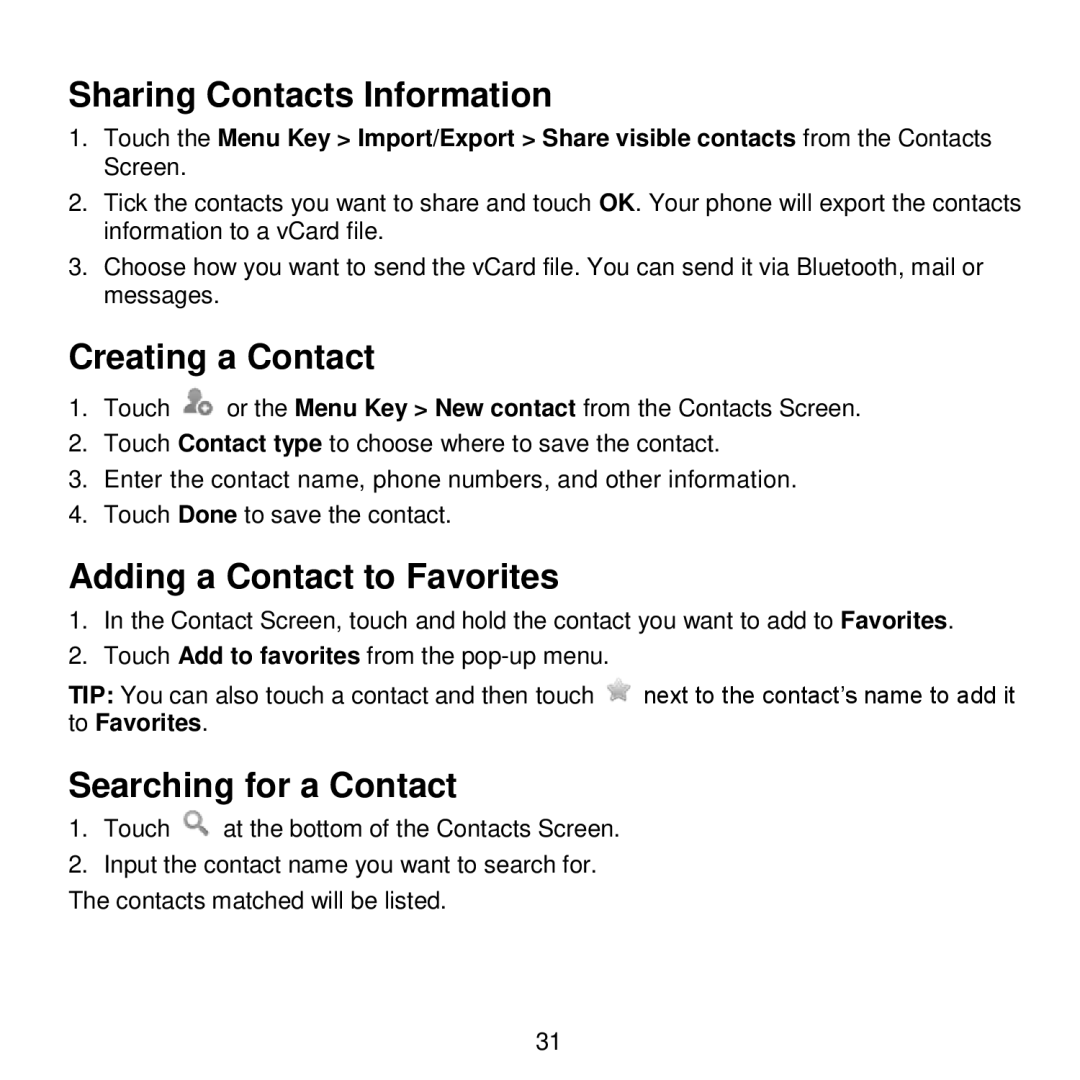 ZTE V768 Sharing Contacts Information, Creating a Contact, Adding a Contact to Favorites, Searching for a Contact 