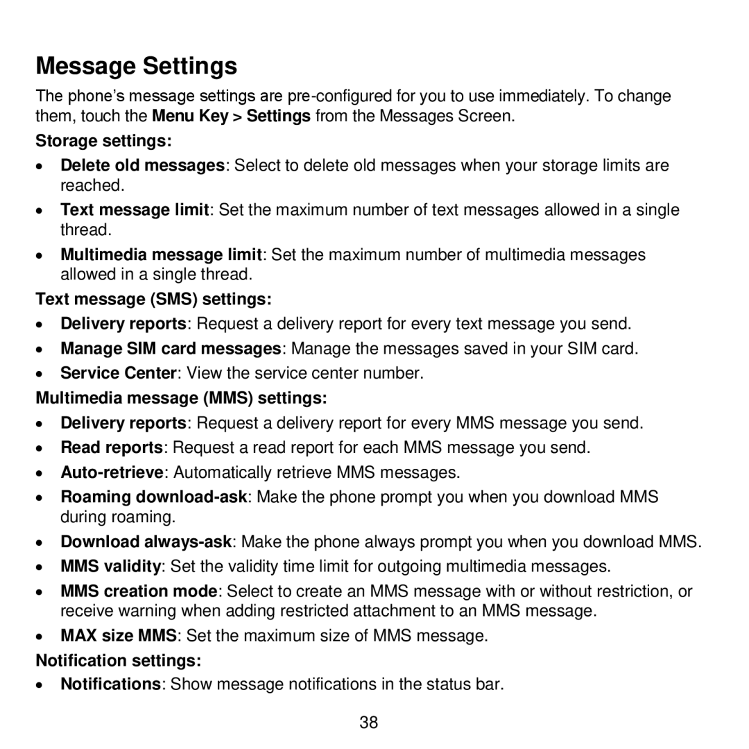 ZTE V768 user manual Message Settings, Storage settings, Text message SMS settings, Multimedia message MMS settings 