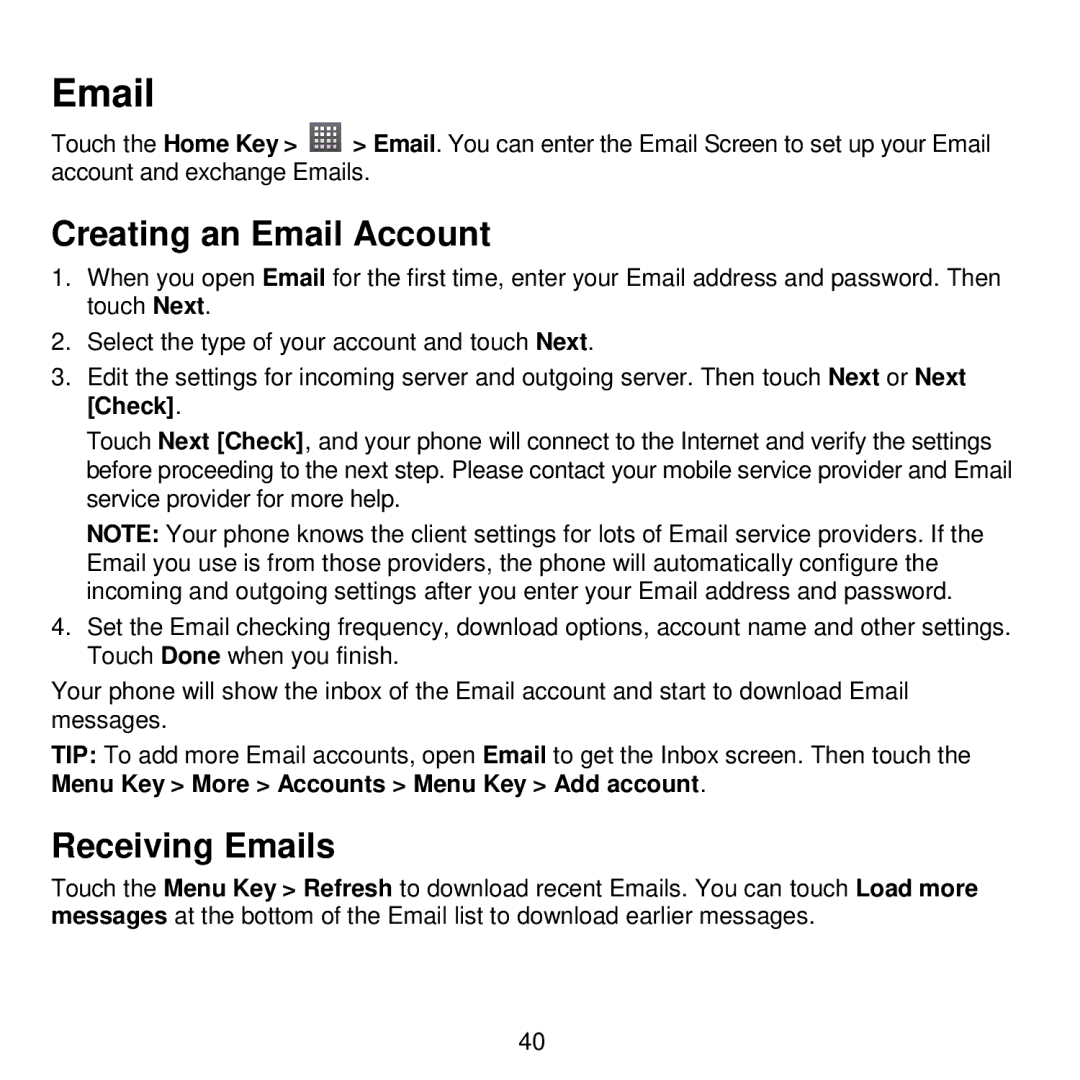 ZTE V768 user manual Creating an Email Account, Receiving Emails 