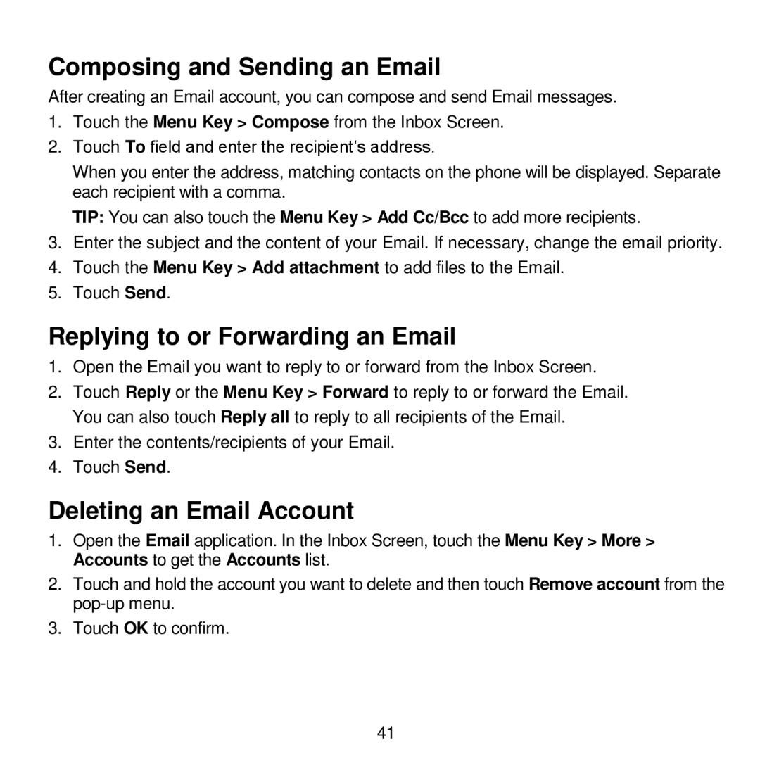 ZTE V768 user manual Composing and Sending an Email, Replying to or Forwarding an Email, Deleting an Email Account 