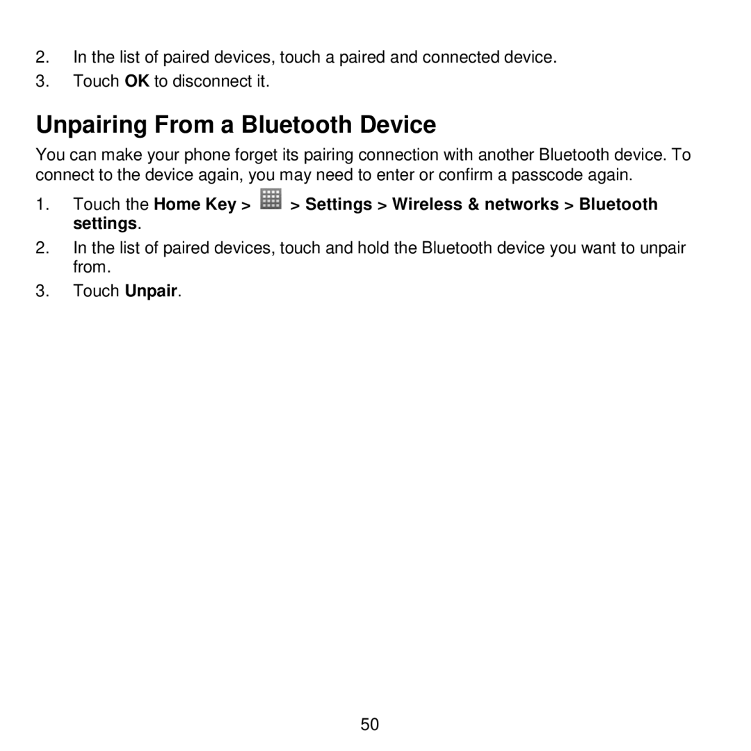 ZTE V768 user manual Unpairing From a Bluetooth Device 