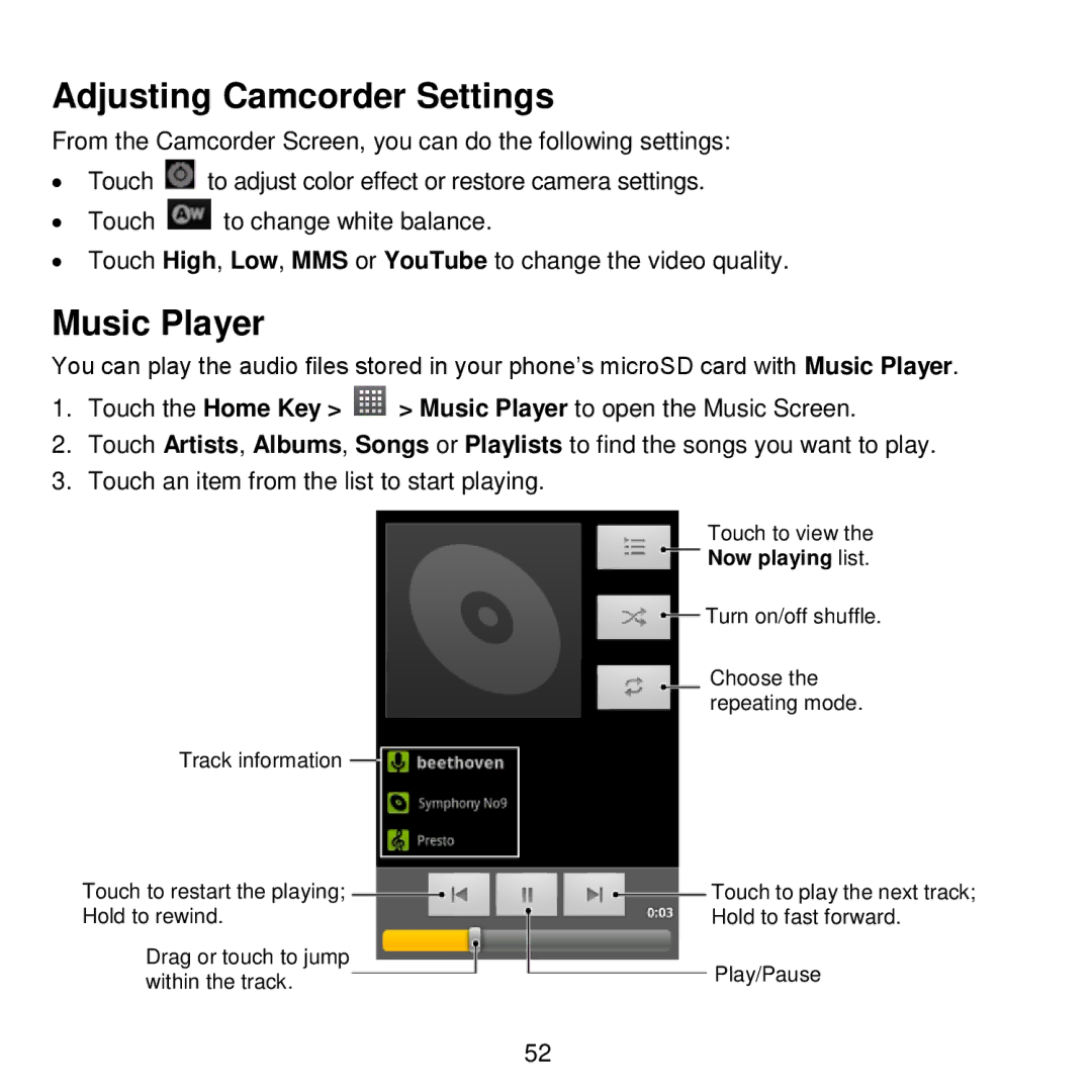 ZTE V768 user manual Adjusting Camcorder Settings, Music Player 