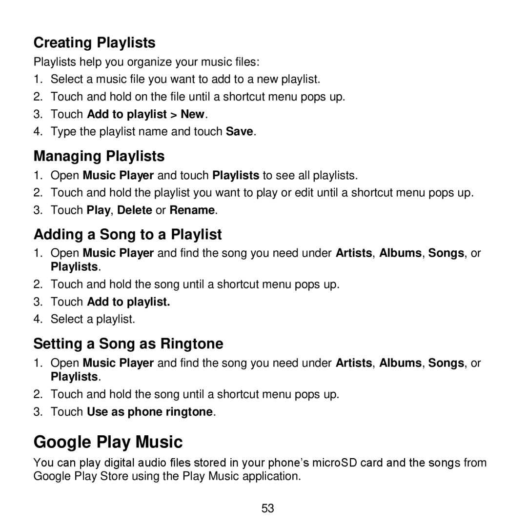 ZTE V768 user manual Google Play Music, Creating Playlists, Managing Playlists, Adding a Song to a Playlist 