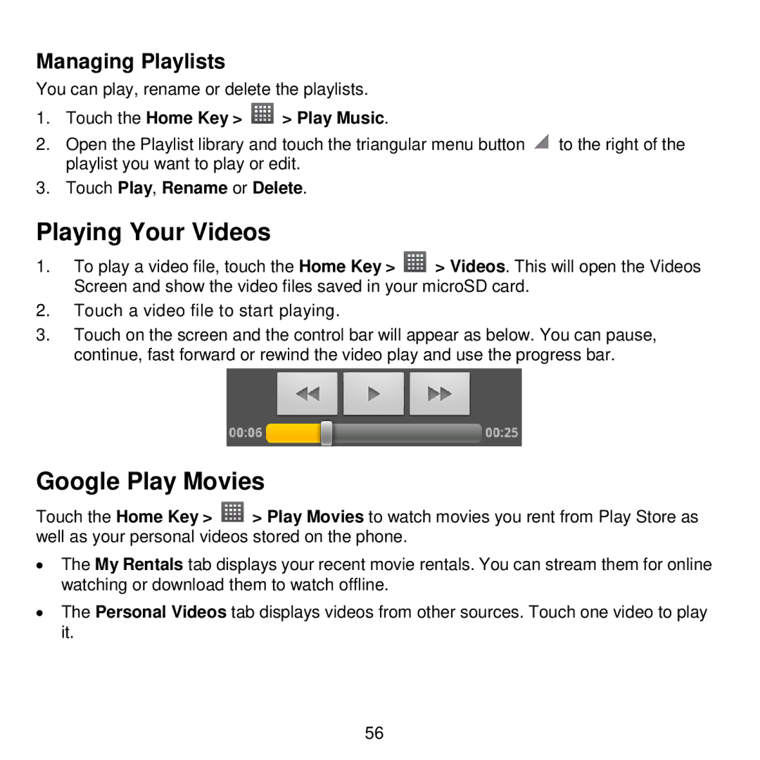 ZTE V768 user manual Playing Your Videos, Google Play Movies, Touch Play, Rename or Delete 