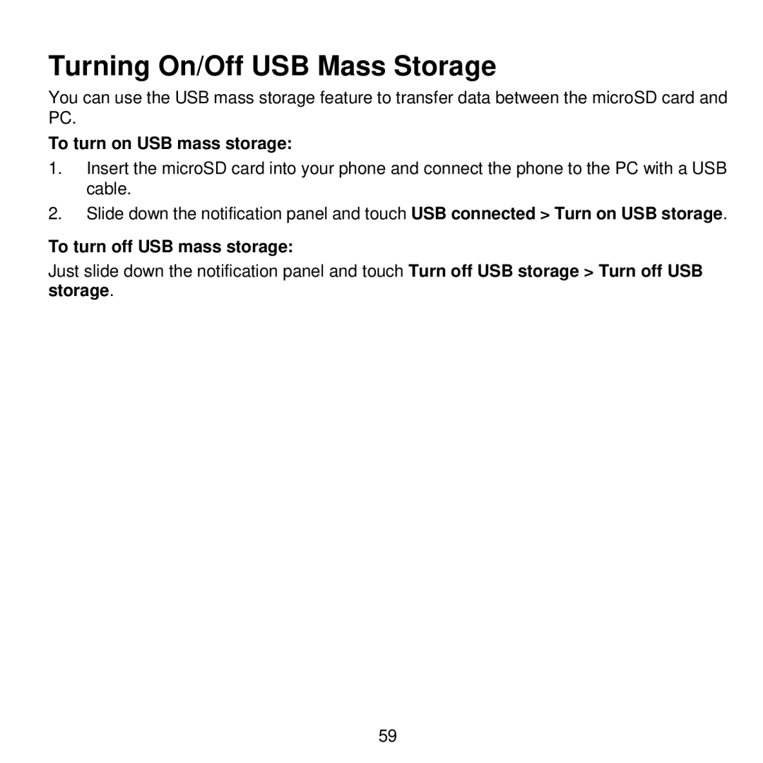 ZTE V768 user manual Turning On/Off USB Mass Storage, To turn on USB mass storage, To turn off USB mass storage 