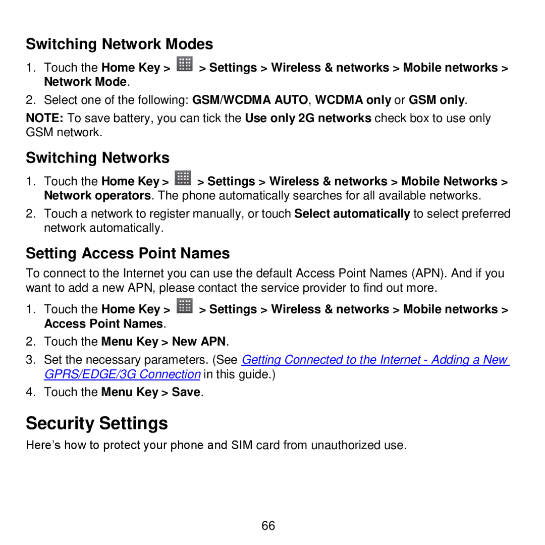 ZTE V768 user manual Security Settings, Switching Network Modes, Switching Networks, Setting Access Point Names 