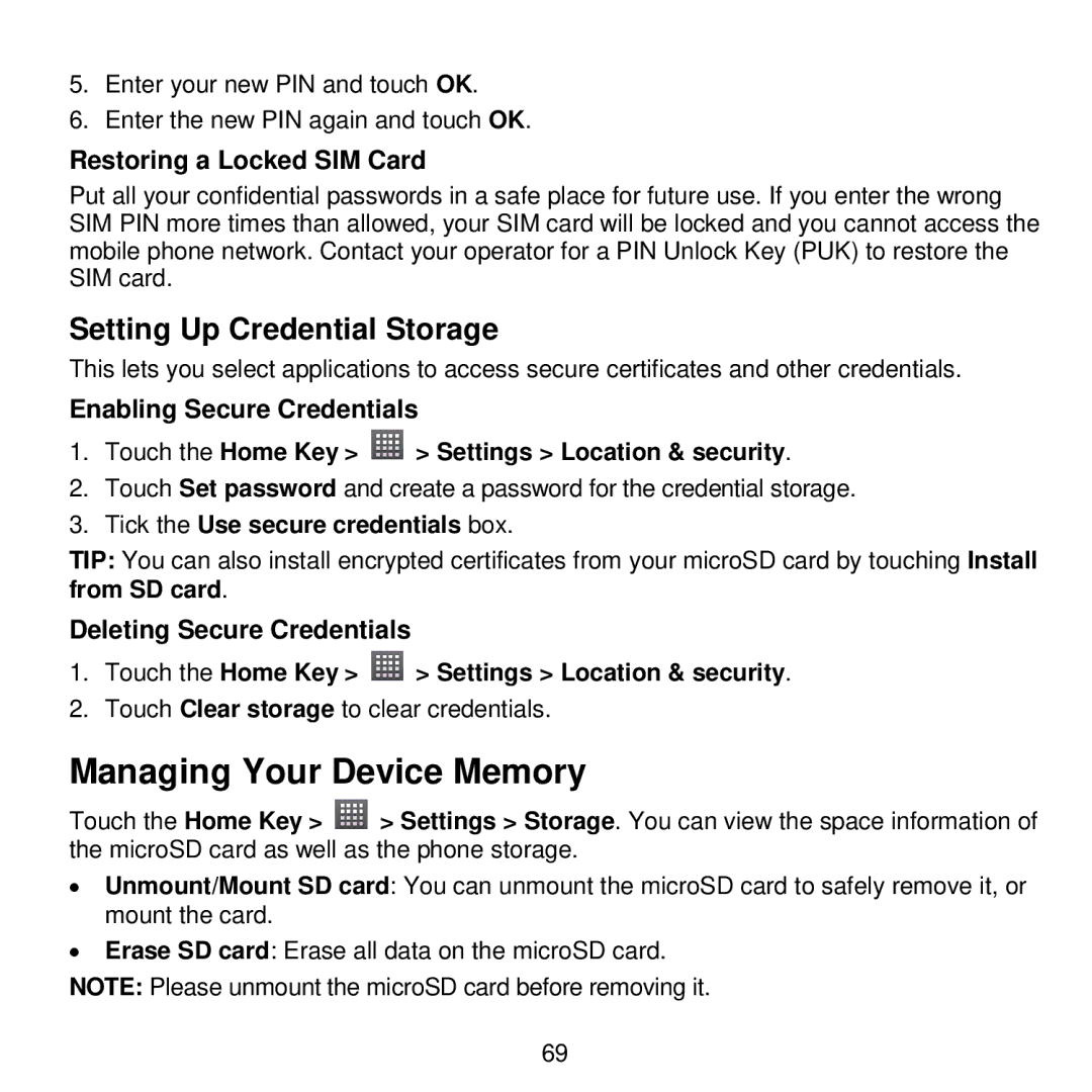 ZTE V768 user manual Managing Your Device Memory, Setting Up Credential Storage, Restoring a Locked SIM Card 