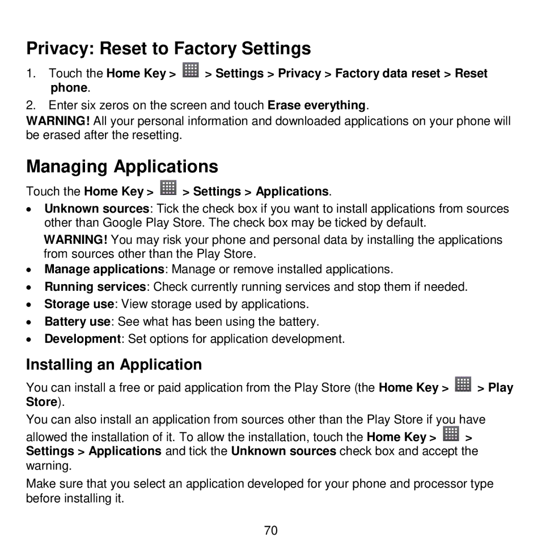 ZTE V768 user manual Privacy Reset to Factory Settings, Managing Applications, Installing an Application 