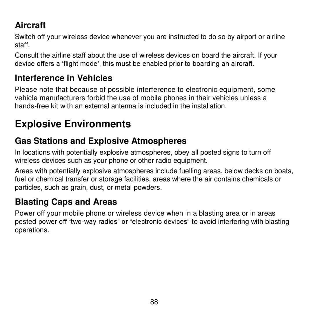 ZTE V768 user manual Explosive Environments, Aircraft, Interference in Vehicles, Gas Stations and Explosive Atmospheres 