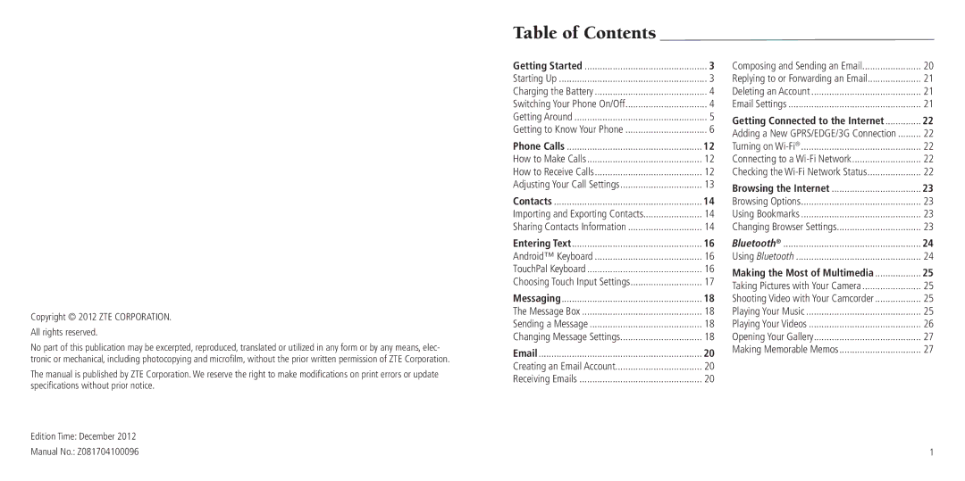 ZTE Z081704100096 user manual Table of Contents 