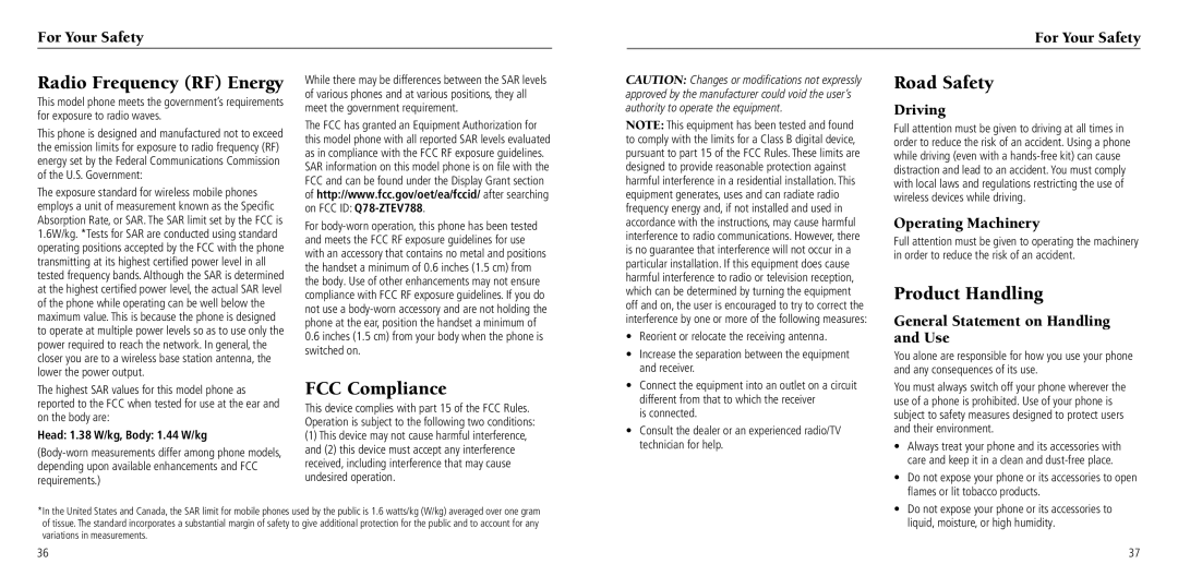 ZTE Z081704100096 user manual Radio Frequency RF Energy, FCC Compliance, Road Safety, Product Handling 