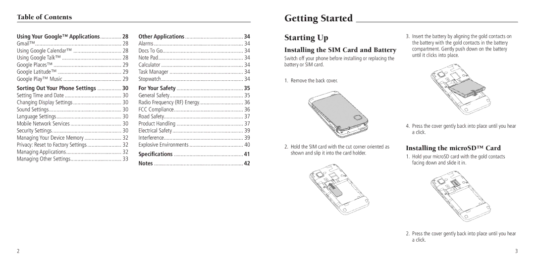 ZTE Z081704100096 user manual Getting Started, Starting Up, Table of Contents, Installing the SIM Card and Battery 