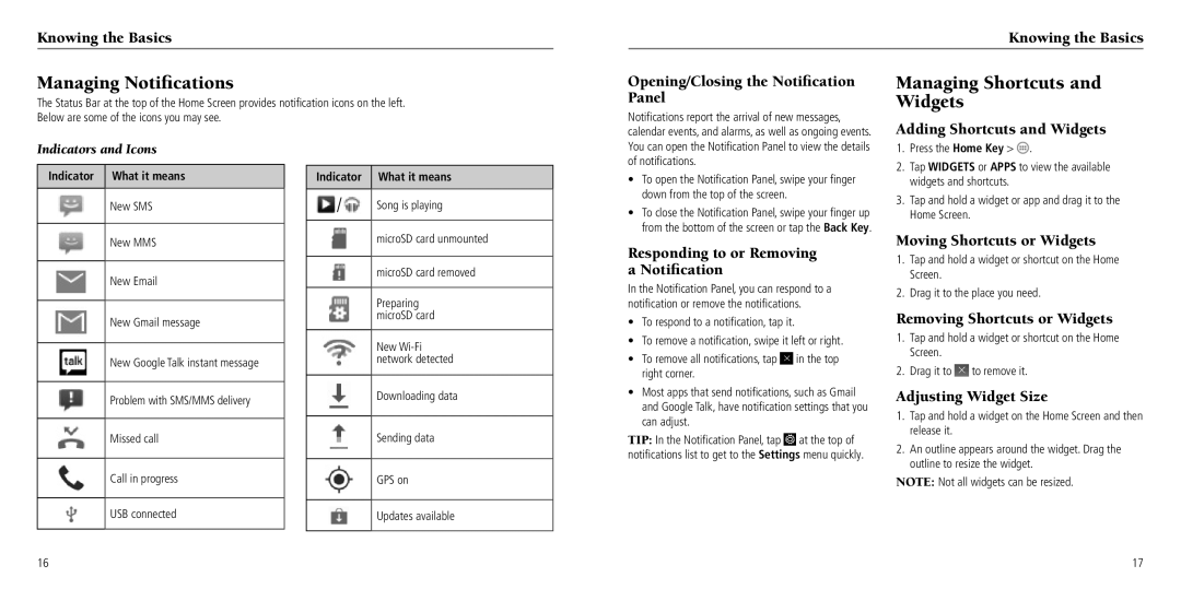 ZTE Z660G user manual Managing Notifications, Managing Shortcuts and Widgets 