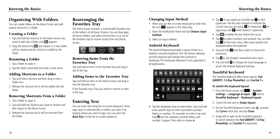 ZTE Z660G user manual Organizing With Folders, Rearranging Favorites Tray, Entering Text 