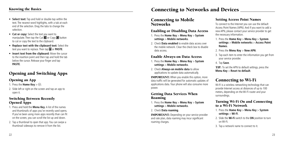 ZTE Z660G user manual Connecting to Networks and Devices, Opening and Switching Apps, Connecting to Mobile Networks 