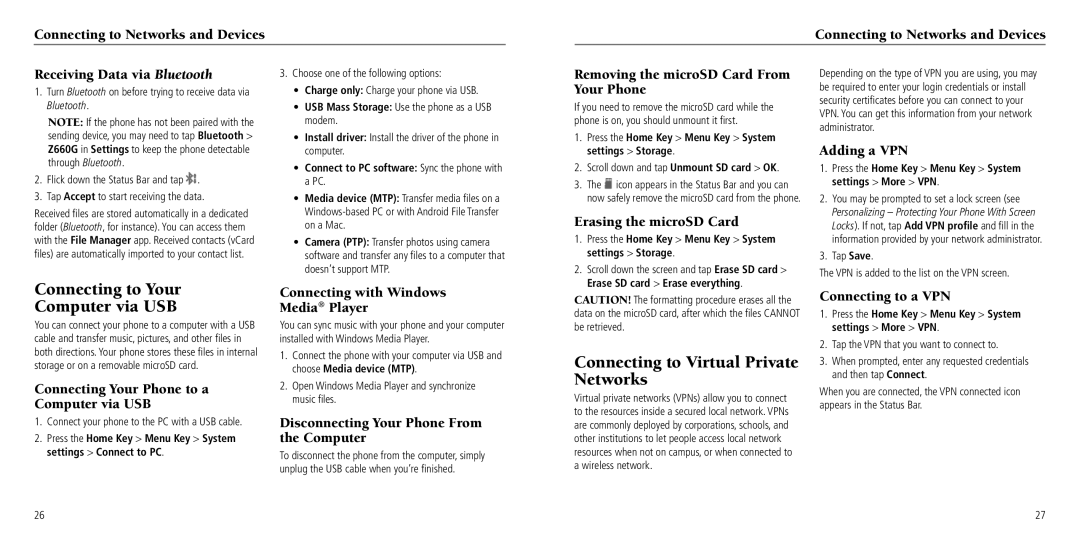 ZTE Z660G user manual Connecting to Your Computer via USB, Connecting to Virtual Private Networks 