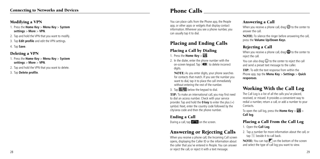 ZTE Z660G user manual Phone Calls, Placing and Ending Calls, Answering or Rejecting Calls, Working With the Call Log 