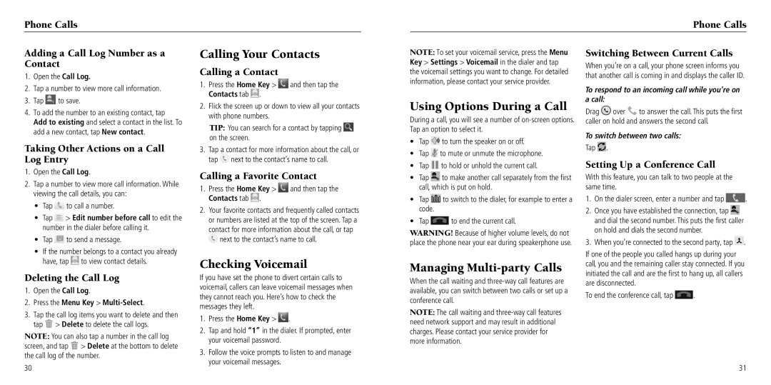 ZTE Z660G user manual Calling Your Contacts, Using Options During a Call, Checking Voicemail, Managing Multi-party Calls 