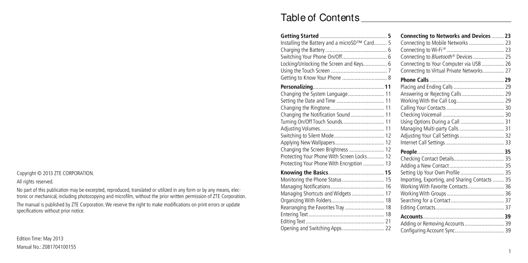 ZTE Z660G user manual Table of Contents 