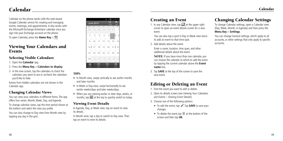 ZTE Z660G user manual Viewing Your Calendars and Events, Creating an Event, Editing or Deleting an Event 