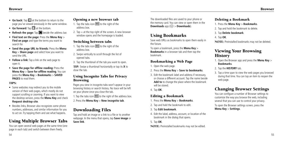 ZTE Z660G user manual Using Multiple Browser Tabs, Downloading Files, Using Bookmarks, Viewing Your Browsing History 