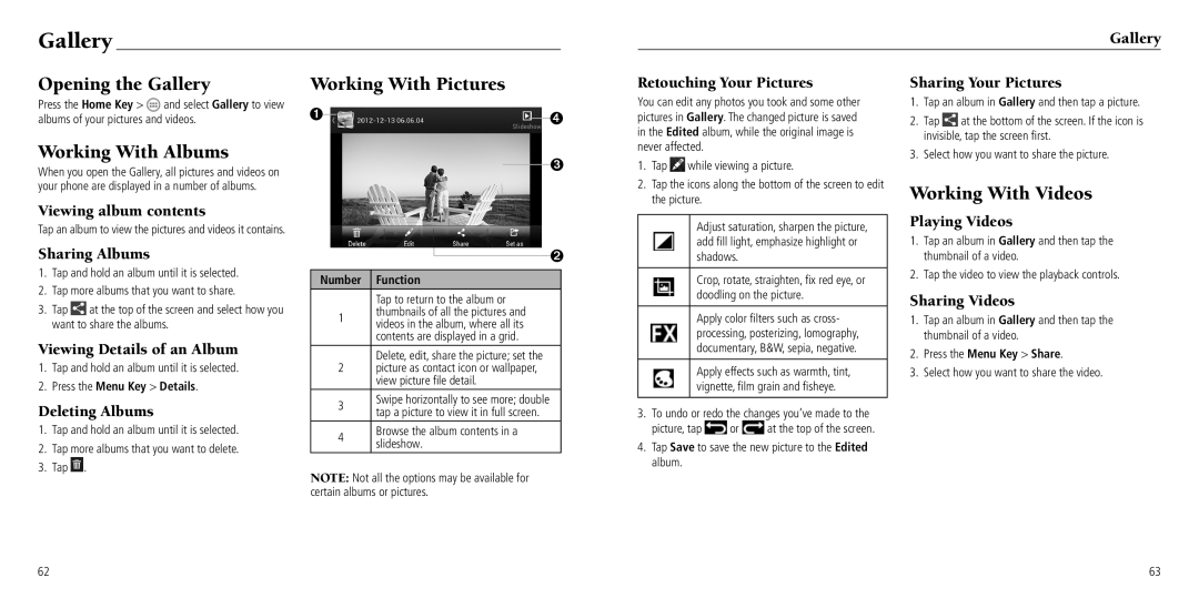 ZTE Z660G user manual Opening the Gallery, Working With Albums, Working With Pictures, Working With Videos 