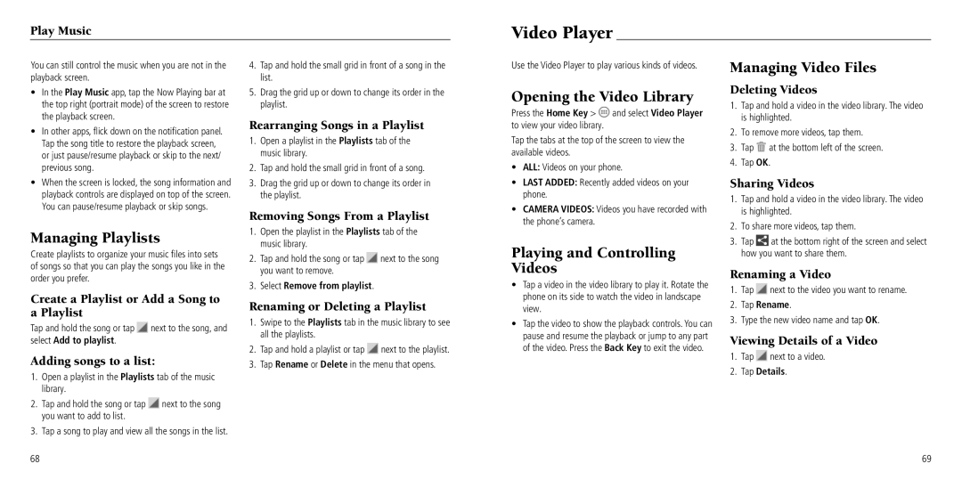 ZTE Z660G user manual Video Player, Opening the Video Library, Playing and Controlling Videos, Managing Video Files 