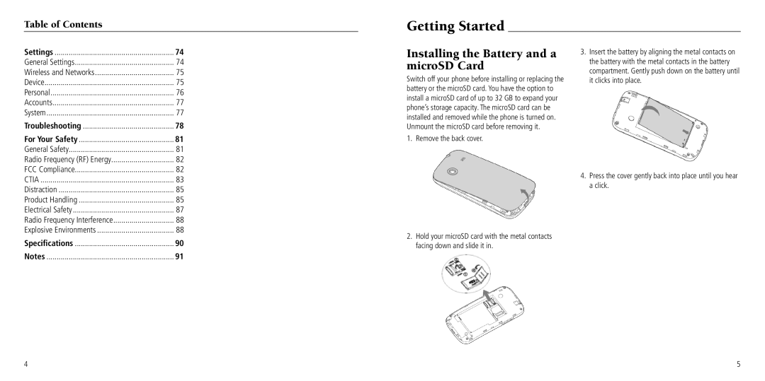 ZTE Z660G user manual Getting Started, Installing the Battery and a microSD Card 