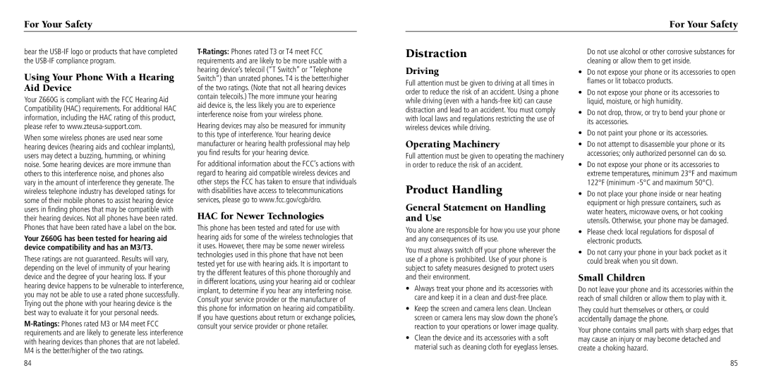 ZTE Z660G user manual Distraction, Product Handling 