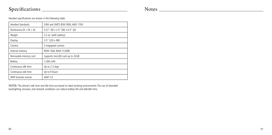 ZTE Z660G user manual Specifications, Handset specifications are shown in the following table 