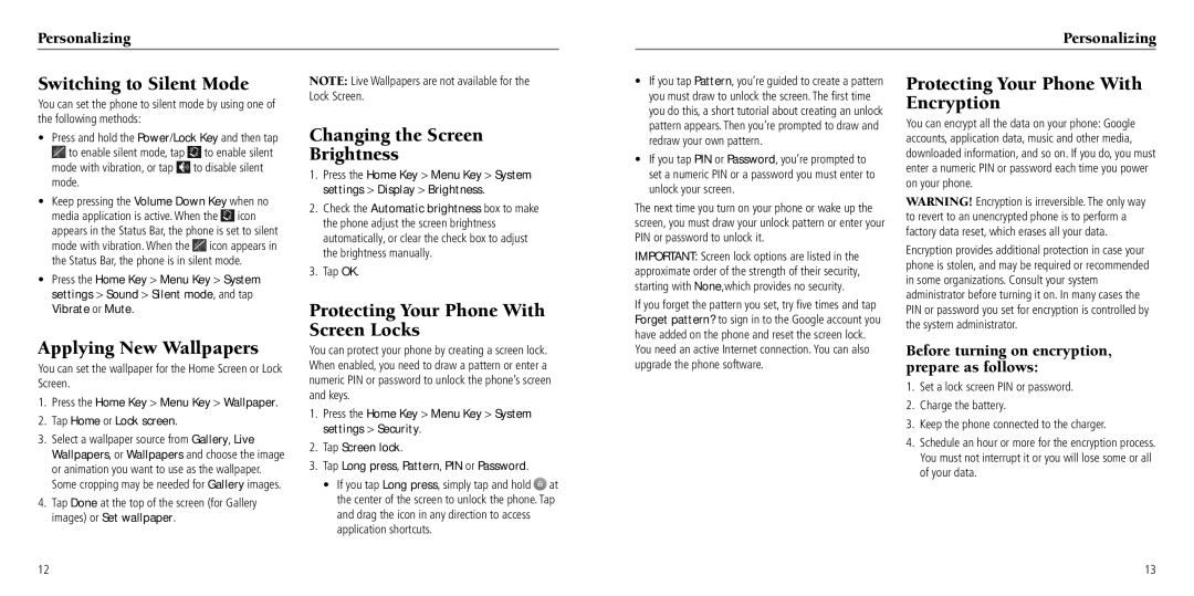 ZTE Z660G user manual Switching to Silent Mode, Applying New Wallpapers, Changing the Screen Brightness 